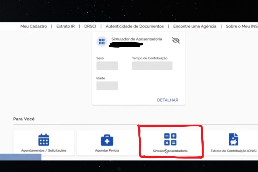 Clique na opção de simulação da aposentadoria. / Foto: divulgação