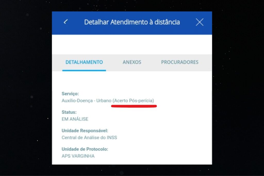 Mensagem de solicitação do acerto pós-perícia.